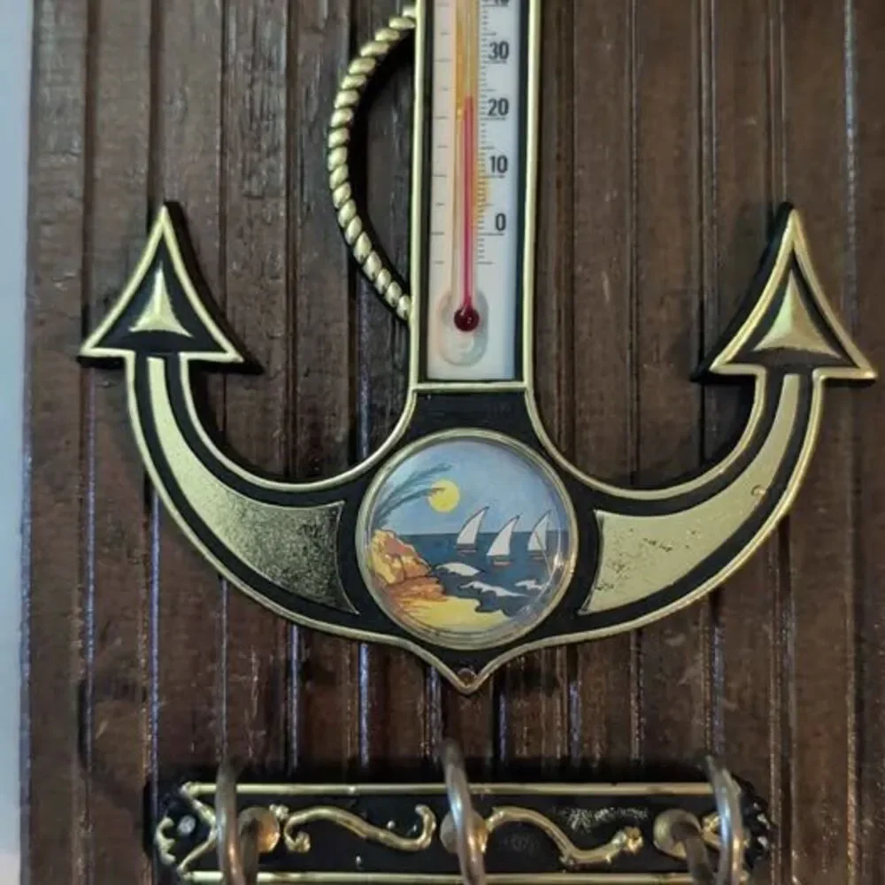 Vtg 1970s Souvenir Wooden Wall Plaque Anchor Therm Key Hooks Nautical Kitsch